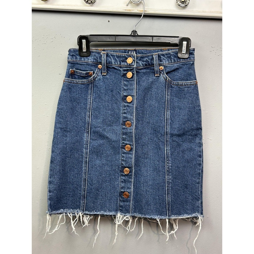 Gap Denim Skirt Womens 24 Blue Button Front‎ Raw Frayed Hem Mini Stretch